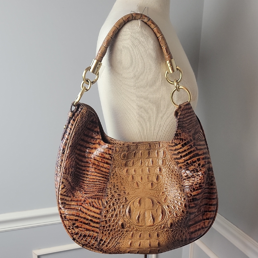 Brahmin Carmela Melbourne Brown Tan Croc Embossed Designer Hobo Shoulder Bag